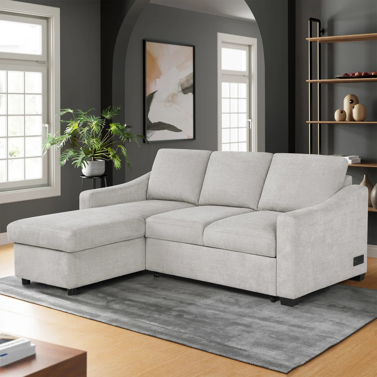 Coddle Aria Fabric Sleeper Sofa with Reversible Chaise, Light Grey